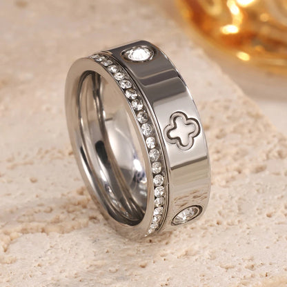 Yupsk French Inlaid Crystal Four-leaf Flower Stainless Steel Rings Set For Women 18K-Gold-plated Waterproof Not Fading Rings