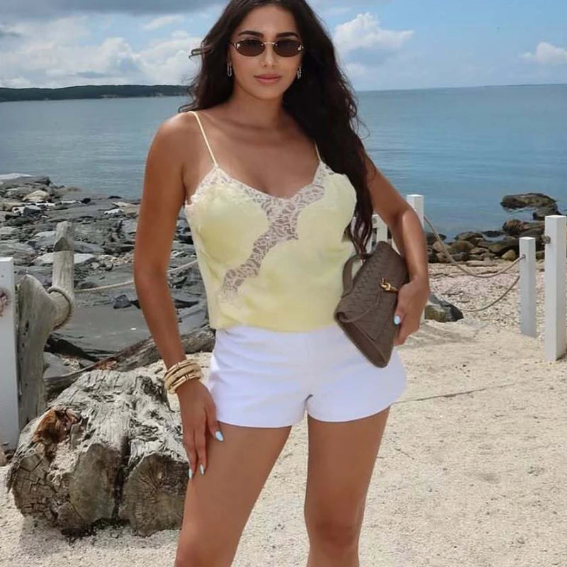 HXAO Camisole Black Lace Top Women Summer Sleeveless Cropped Sexy Tops Cut Out Backless Asymmetrical Top Woman Corset Slip Top