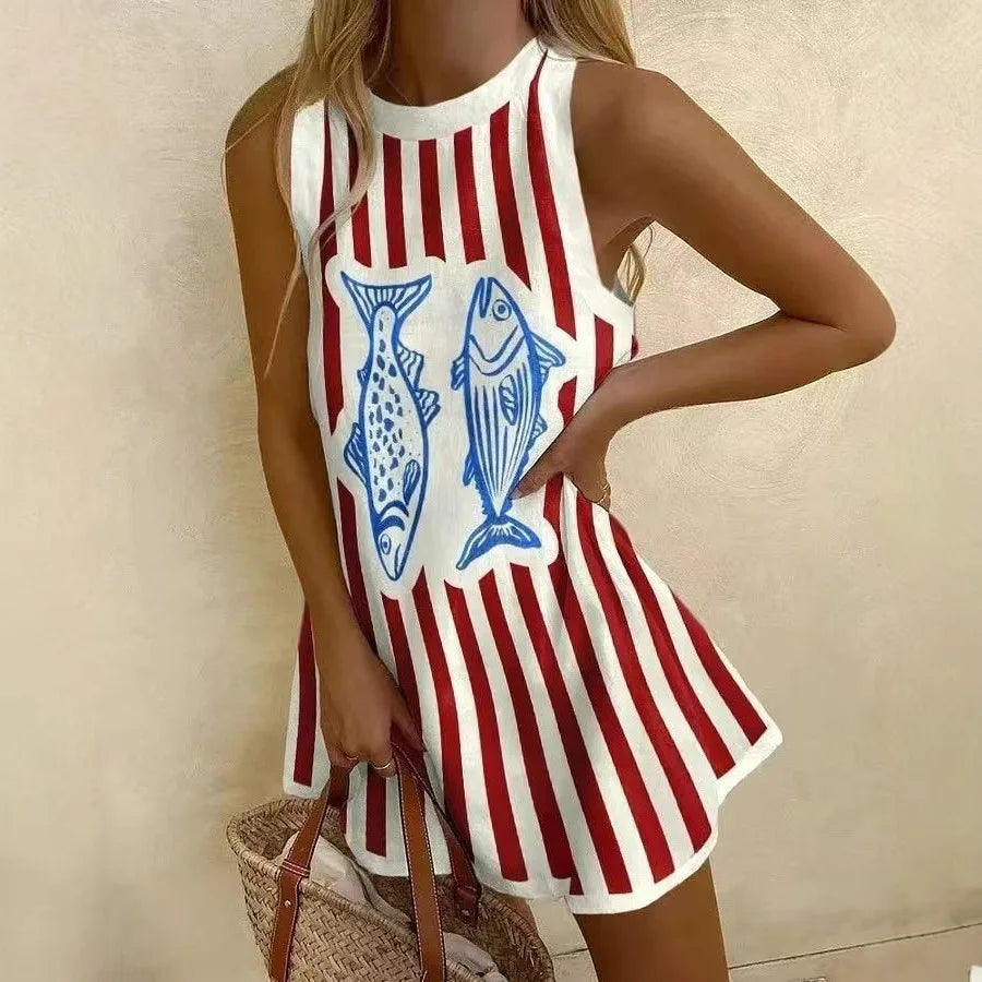 2025 Summer Casual print loose mini Dresses For Woman Fashion Beach Marine elements Dress o-neck  Sleeveless party Dress