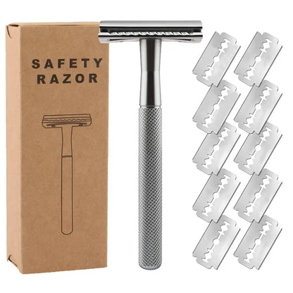 Double Edge Safety Razor for Men & Women, Metal Razor with 10 Platinum Coated Safety Razor Blades, Eco-Friendly Razor