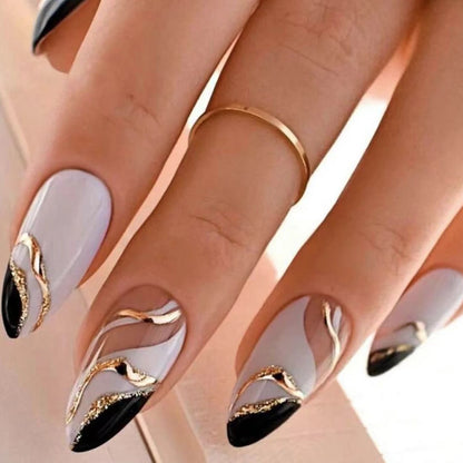 24PCS nude pink short square fake nails, Gold lines, love design, full cover fake nail set, 1 nail file and 1 nail glue sticker