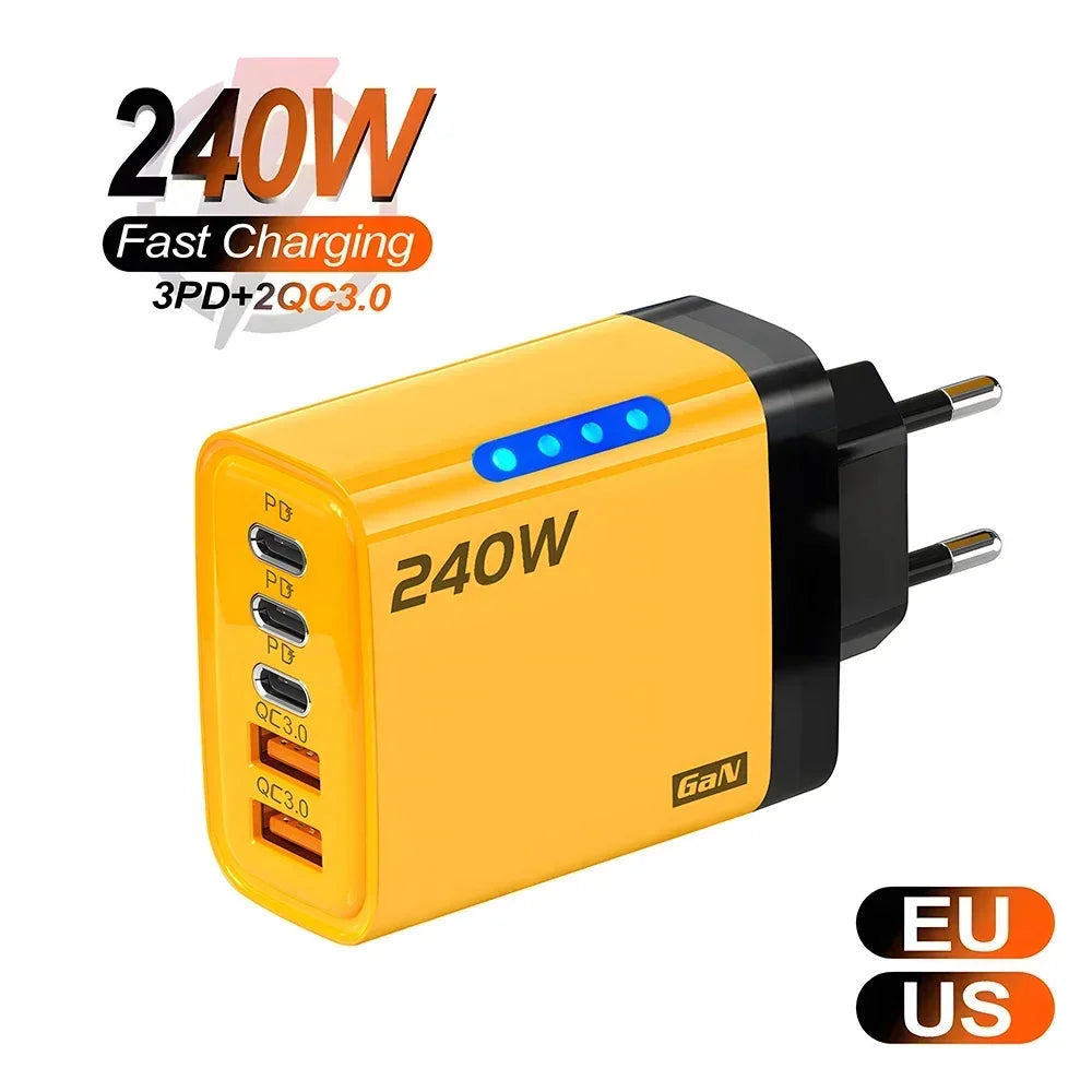 5in1 240W GaN 2USB+3Type-C Fast Charger Multi Ports Phone Charging Head With LED Light Wall Adapter For IPhone 16 15 pro Laptop