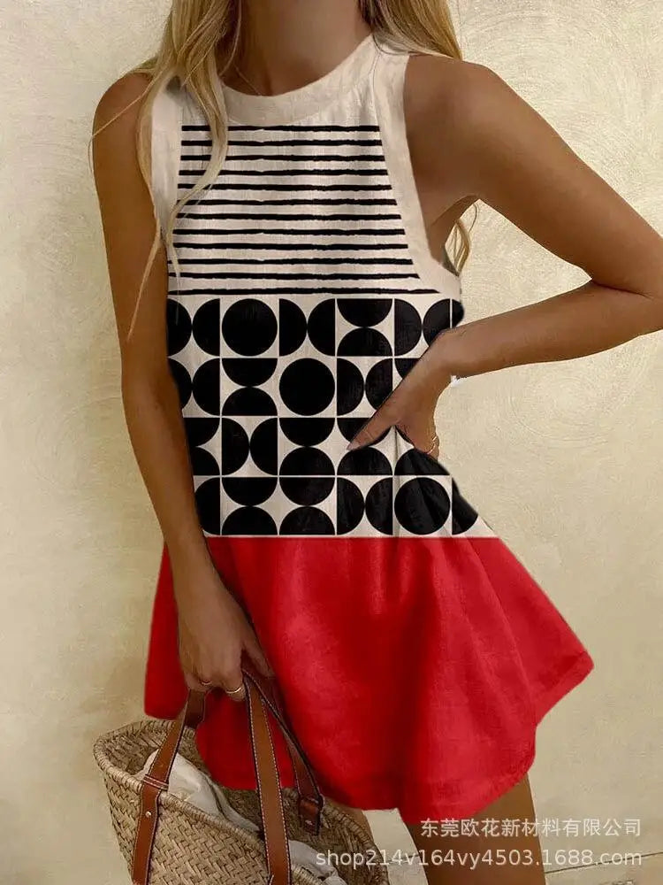 2025 Summer Casual print loose mini Dresses For Woman Fashion Beach Marine elements Dress o-neck  Sleeveless party Dress