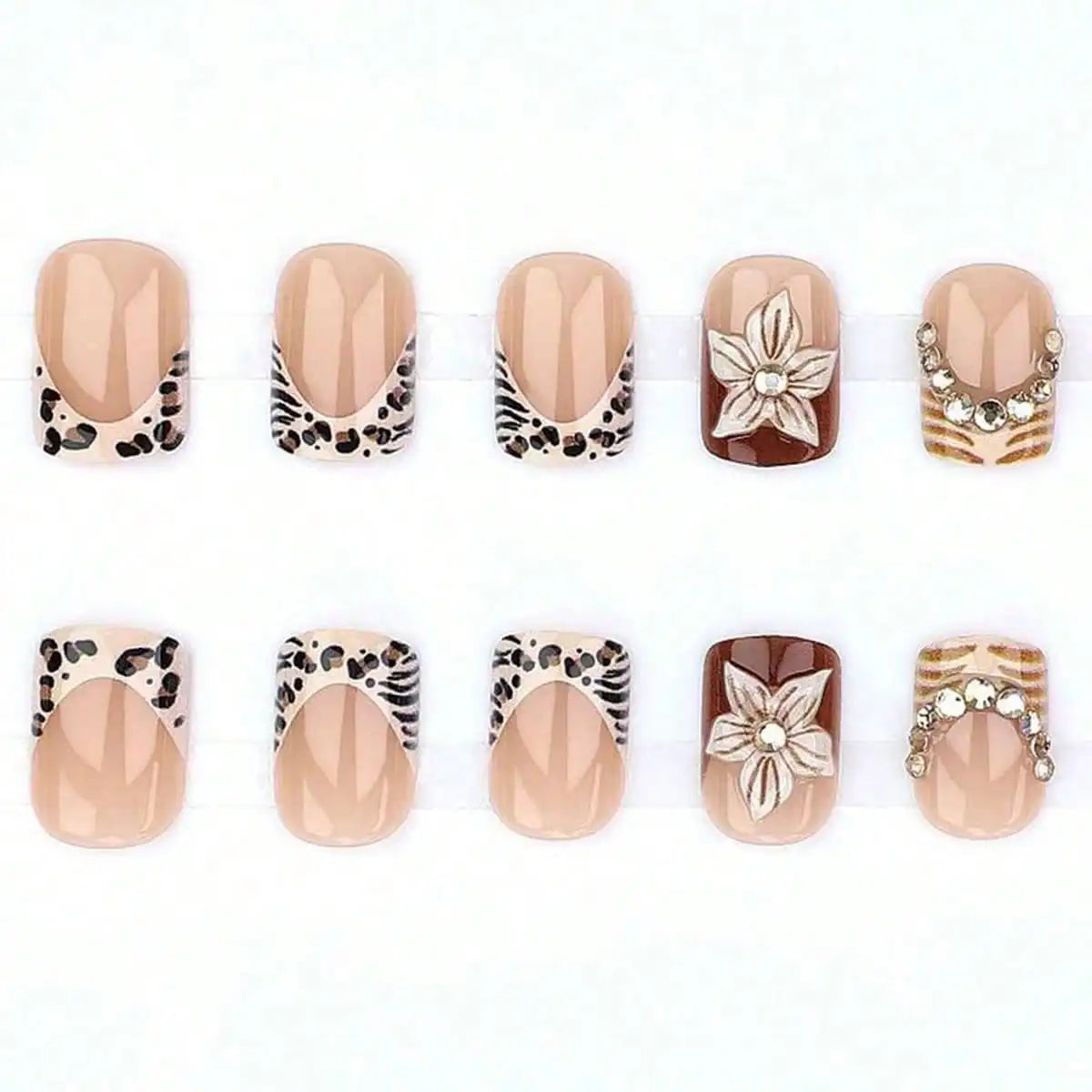 24pcs Leopard Print French False Nail Spicy Girls Flower Brown Short Square Fake Nails with Diamond Design Press on Nails Sets