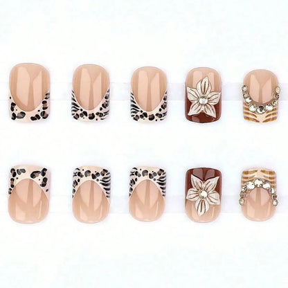 24pcs Leopard Print French False Nail Spicy Girls Flower Brown Short Square Fake Nails with Diamond Design Press on Nails Sets