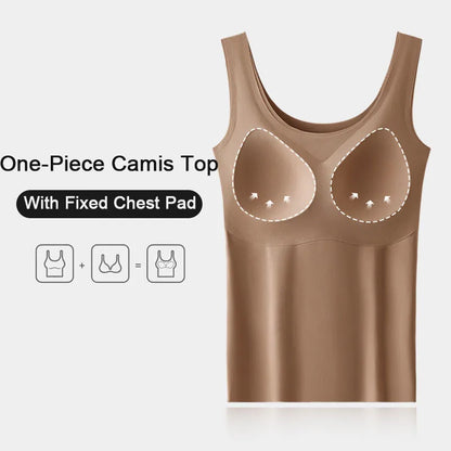 M-2XL Ice Silk Seamless One-piece Bottoming Tank Tops with Chest Pads Women Inner Outerwear Wide Shoulder Sleeveless Tops