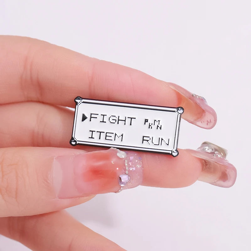 Rectangle Text Enamel Pins Custom FIGHT ITEM RUN Brooches Lapel Badges Punk Jewelry Gift for Kids Friends