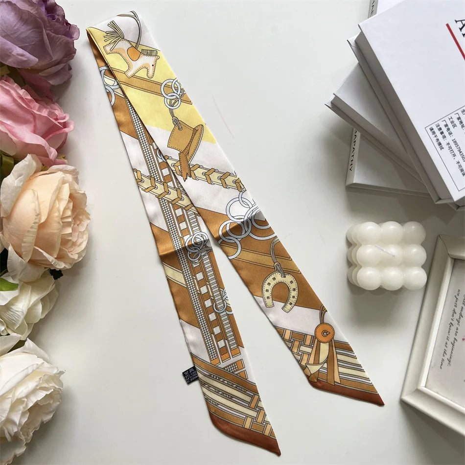 New Long Small Silk Scarf Headband Women's Double-sided Elegant Binding Strap Streamer Small Scarf Gift Ribbon Silk Scarf