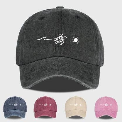 Retro Washed Baseball Cap with Wave, Turtle, and Sun Print – Unisex Adjustable Dad Cap – Summer Beach Sun Hat