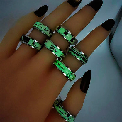 10Pcs Night Glow Stainless Steel Ring For Men Punk Hip-Hop Mixed Styles Rings Party Daily Wear Trend Finger Accessories Jewelry