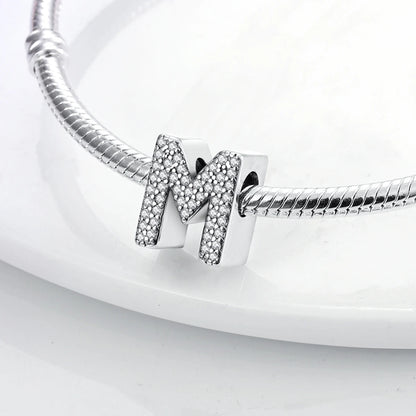 Original 925 Sterling Silver 26 Alphabet Letters Sparkling Zircon Charms Pendant Beads For Women Fine DIY Birthday Jewelry Gifts