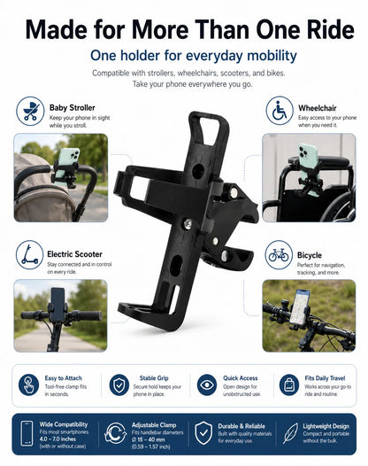 Universal Handlebar Phone Holder Adjustable Bike Scooter Stroller Wheelchair Mount Clamp Stand for 4.0-7.0 Inch Smartphones Uses