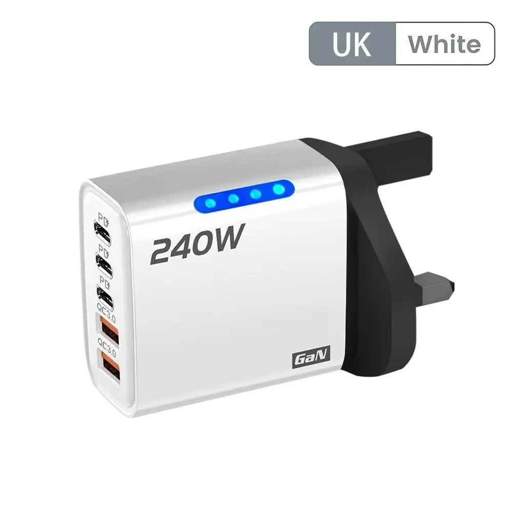 5in1 240W GaN 2USB+3Type-C Fast Charger Multi Ports Phone Charging Head With LED Light Wall Adapter For IPhone 16 15 pro Laptop