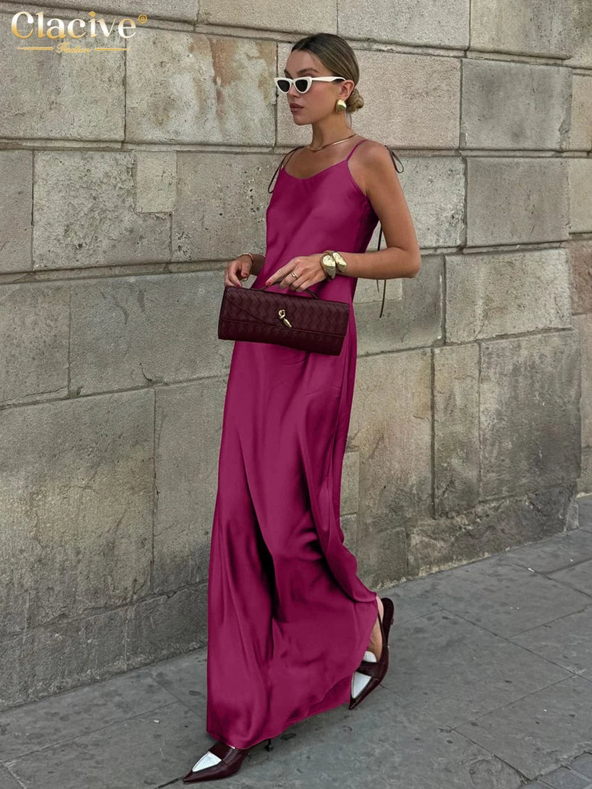 Clacive Fashion Loose Brown Satin Womens Dresses 2025 Summer Strap Sleeveless Floor Length Dress Sexy Backless Female Dress