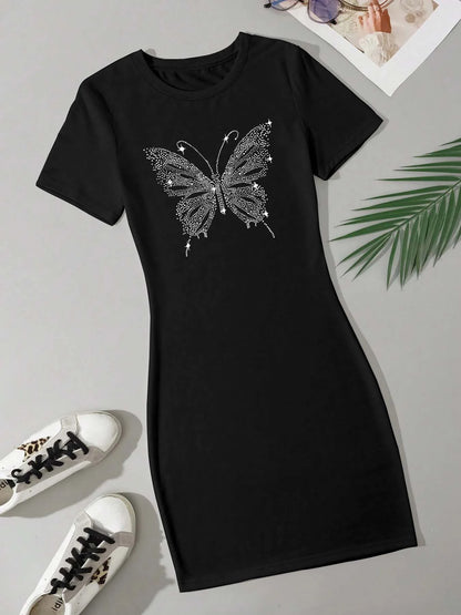 Summer women's bee bow pattern printed casual bag buttocks slim fit short sleeved round neck T-shirt mini dress