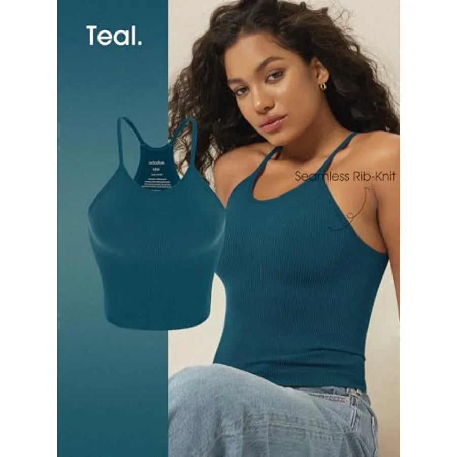 ODODOS Women's Crop 3-Pack Seamless Rib-Knit Camisole Crop Tank Tops