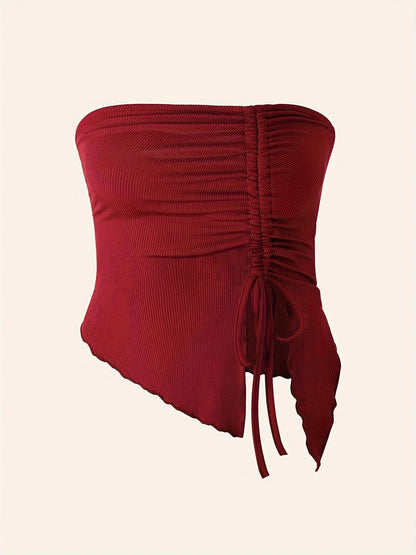 Spring Summer Y2K Women's Strapless Sleeveless Tube Top Mesh Ruched Side Asymmetrical Lace up Bandeau Cami Tank Tops Streetwear