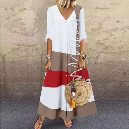 Women's Summer Color Block Patchwork Printed Dress V-neck Short Sleeved Fashion Dress Button Women's Casual Loose Long Dress