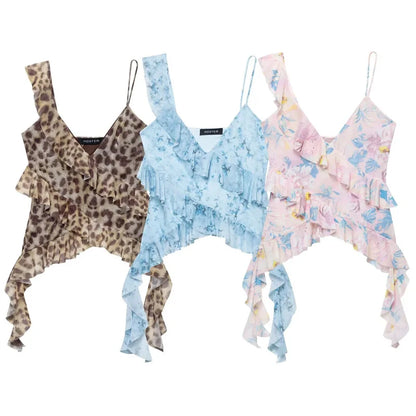 HXAO Leopard Mesh Top Women Tanks & Camis Summer 2025 Sexy Layered Sleeveless Tops For Woman Ruffled Backless Tulle Camisole 066