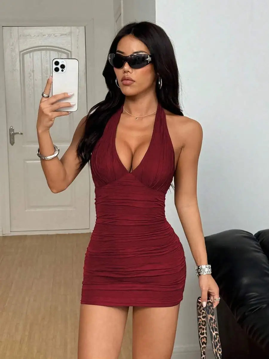 Women's Sexy Slim Textured Halter V-Neck Mini Dress in Burgundy 2026 Women's Summer Clothing