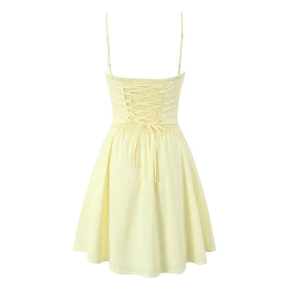 YENKYE Sexy Elegant Women Fishbone Waist Shaping Sling Mini Dress Lace Up Back Fit And Flare  Summer Party Dresses Yellow Robe
