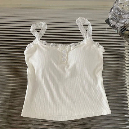 Summer Lace Strap Patchwork Camisole Women Solid Color Sleeveless Buttons Tank Top