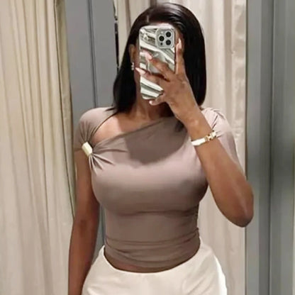HXAO 2025 Women Asymmetrical Top Spring Summer Yellow Black Khaki Tanks & Camis Sexy Tight Y2k T-Shirt Lady Fashion Tank Top 066