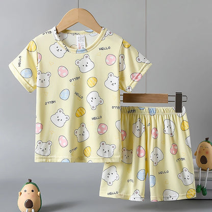 2-piece children's summer cute cartoon printed short sleeved shorts set for boys and girls casual and comfortable T-shirt shorts
