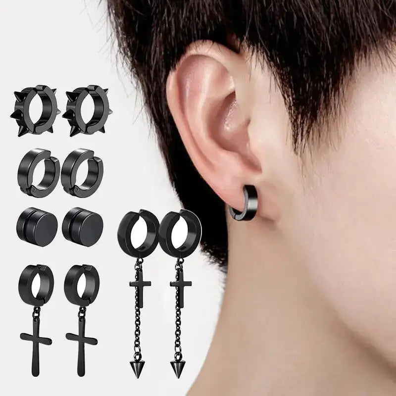 1-5 pairs of fashionable men's punk cross pendants stainless steel earless magnet earrings set