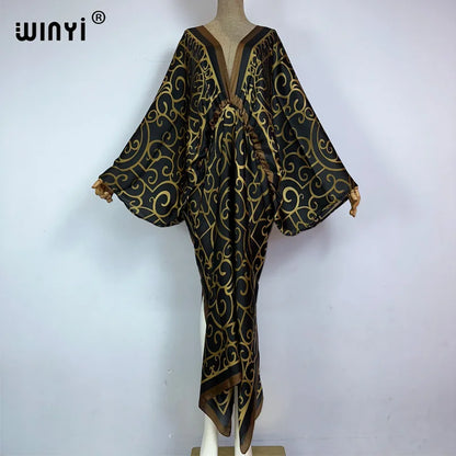 Sexy bech high-quality hand-rolled feel silk rayon fashion print 2021 WINYI Maxi women's robes long beach V-neck Bohemian dress