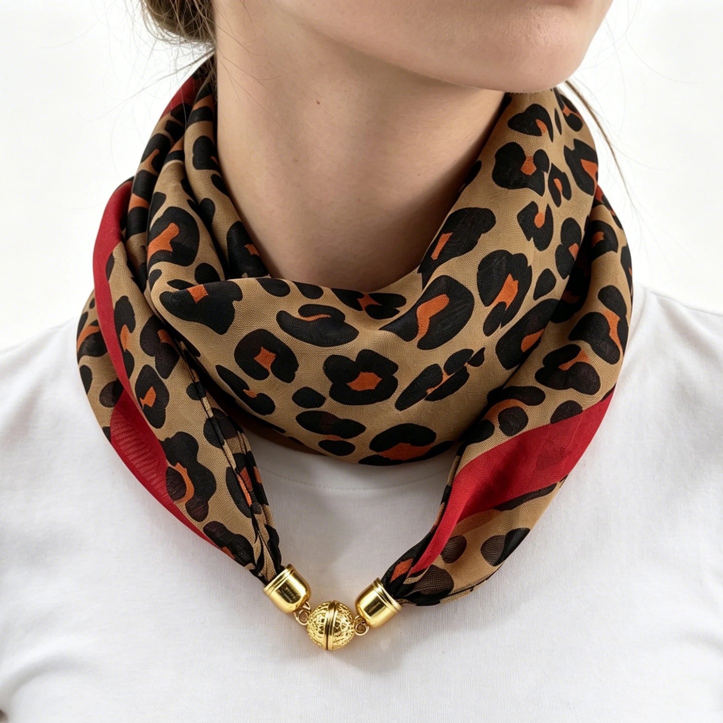 Leopard Print Magnetic Buckle Scarf, 60cm Square Thin Chiffon Neck Scarf, Quick & Easy Wear Fastening Neck Wrap,Decorative Scarf