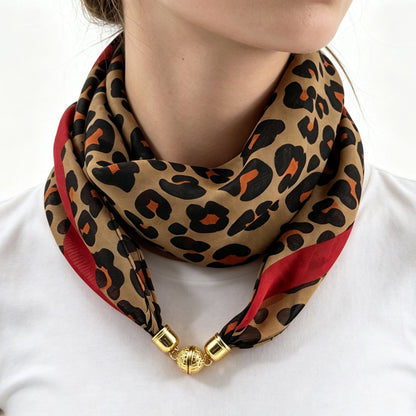 Leopard Print Magnetic Buckle Scarf, 60cm Square Thin Chiffon Neck Scarf, Quick & Easy Wear Fastening Neck Wrap,Decorative Scarf