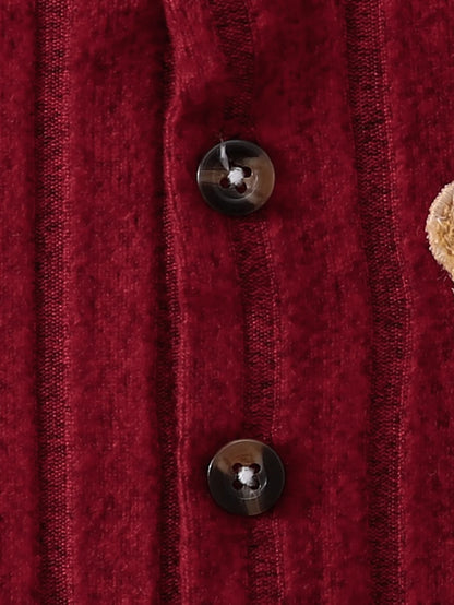 【Baby Boy】Autumn & Winter Red Onesie with Front Single-Breasted Buttons and Cute Bear Badge on Chest + Red Hat SetFeaturing a wa