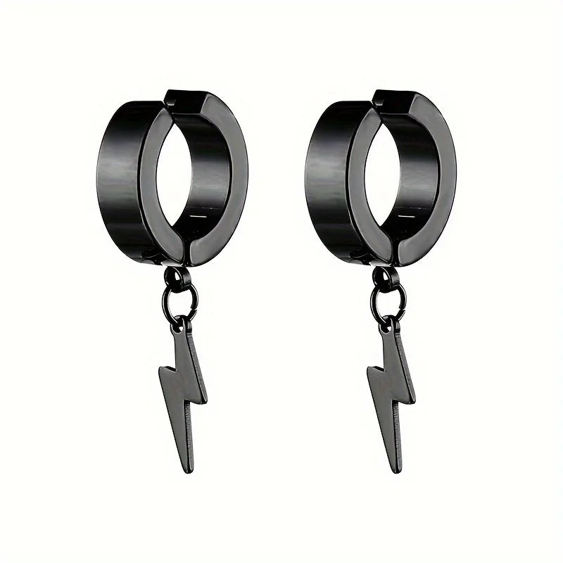 1pair Stylish Stainless Steel Lightning Pendant Piercing Hoop Earrings Ear Clip for Men Women Bold and Eye-Catching Statement