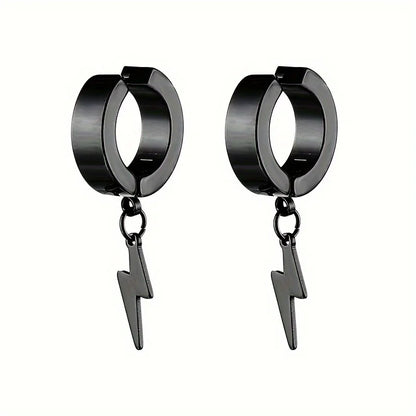 1pair Stylish Stainless Steel Lightning Pendant Piercing Hoop Earrings Ear Clip for Men Women Bold and Eye-Catching Statement