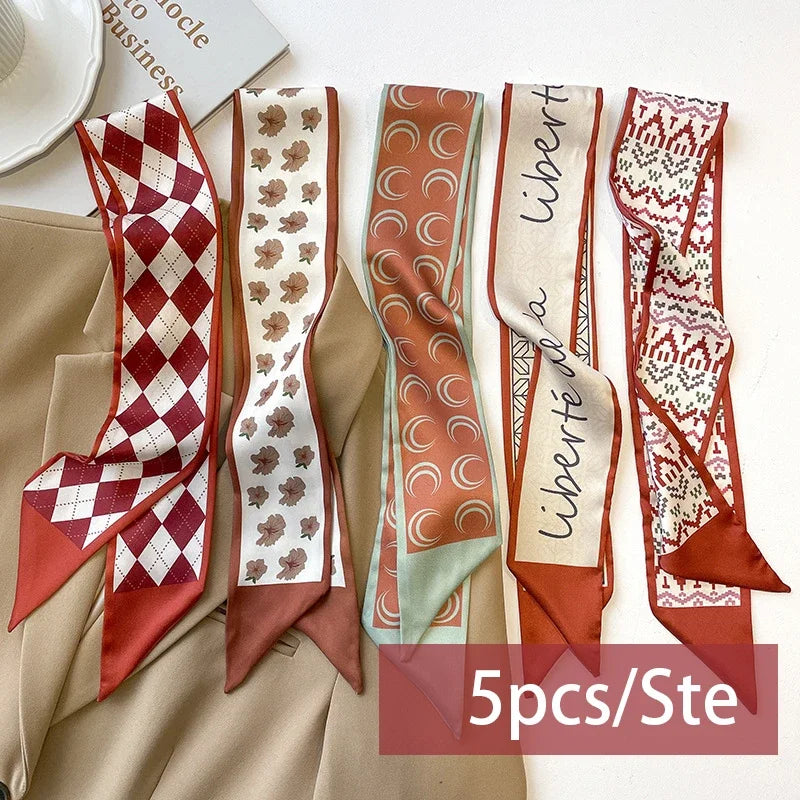 5pcs/set Series Silk Satin Scarf Women Cloth Hair Bands Headdress Accessories Lady Scarves Ribbon Neck Ties for Bag Handle