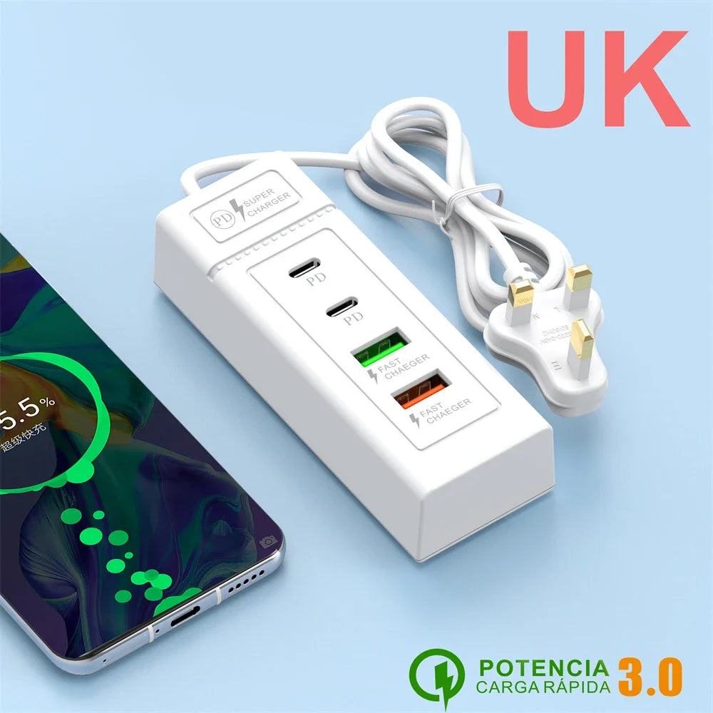 4Ports USB Fast Charger Station USB HUB3.0 Multi Splitter Adapter USB C Expander Portable Travel Charger For iPhone Xiaomi Phone