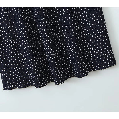YENKYE 2025 Women Navy Blue Polka Dot Long Dress Lace Trim V Neck Short Sleeve A-line Elegant Holiday Dresses Summe Maxi Robe