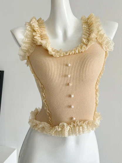Korean Lace Patchwork Crop Top Women U-Neck Knitted Stretch Tank Top 2025 Summer Female White Lace Stretch Cami