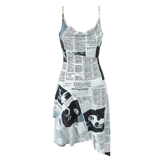 YENKYE New Women Newspaper Letter Print Irregular Hem Sling Dresses Fashion Backless Thin Straps With Chain Summer Sexy Dress