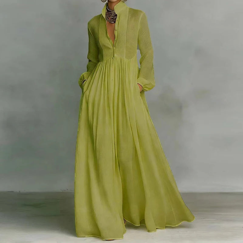 Elegant Stand Collar Long Sleeve Party Dress, Women 2026 New Spring Solid Casual Dresses, Single Breasted Ladies Pocket Dresses