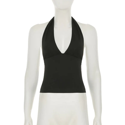 SUCHCUTE y2k Solid Backless Halter Crop Top Women Sexy Sleeveless Low Cut V-neck Tank Tops Summer Casual Slim Vest Coquette 2025