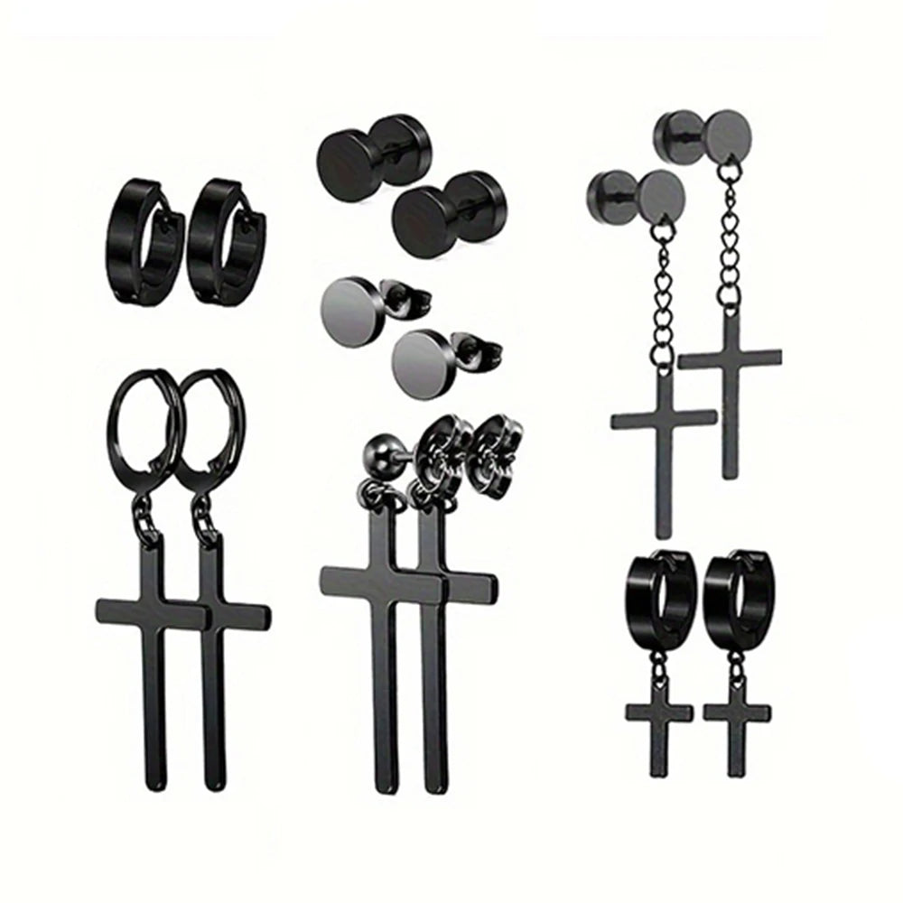 7 Pairs Stainless Steel Dangle Hoop Earrings For Men, Punk Cool Stud Earring