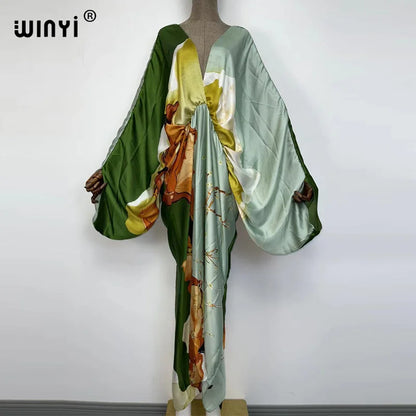 Sexy bech high-quality hand-rolled feel silk rayon fashion print 2021 WINYI Maxi women's robes long beach V-neck Bohemian dress