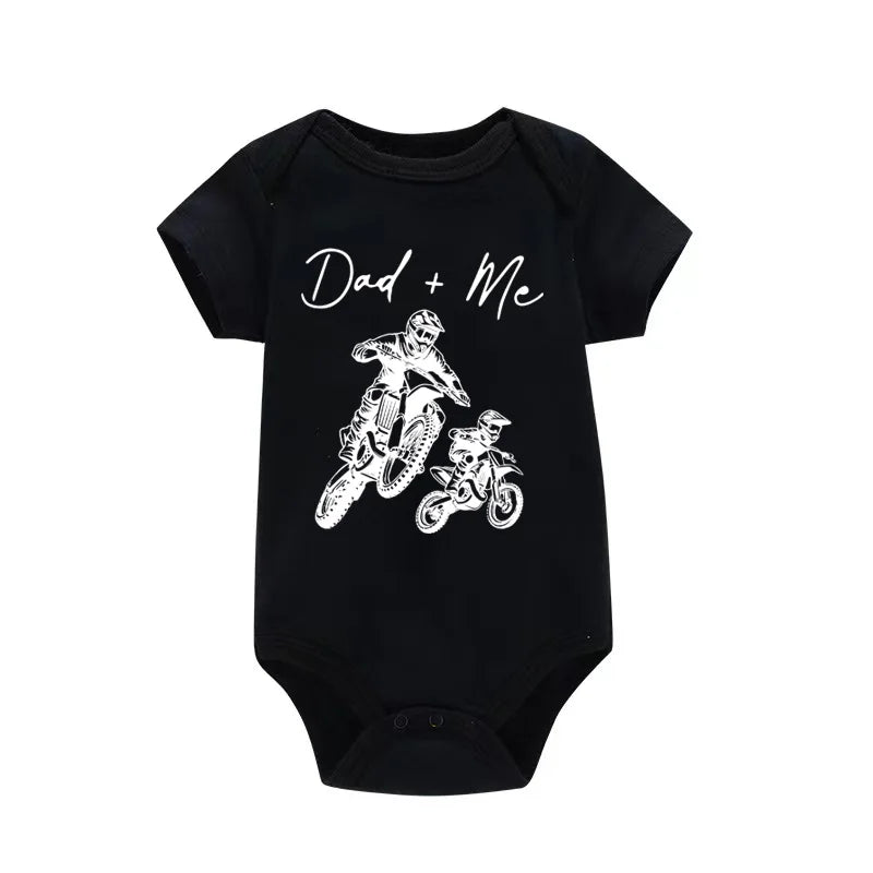 "Dad + Me" Cartoon Motorcycle Print Short Sleeve Newborn Baby Bodysuit Toddler & Infant Boy's Onesie for Summer Clothing