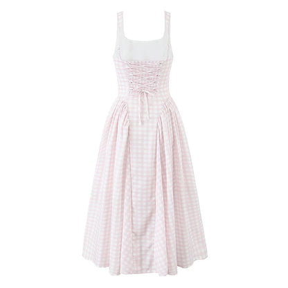 YENKYE Lace Up Bandage Plaid Sling Dress Women Elegant Square Neck Low Waist A-line Midi Summer Dresses Holiday Party Robe 2025
