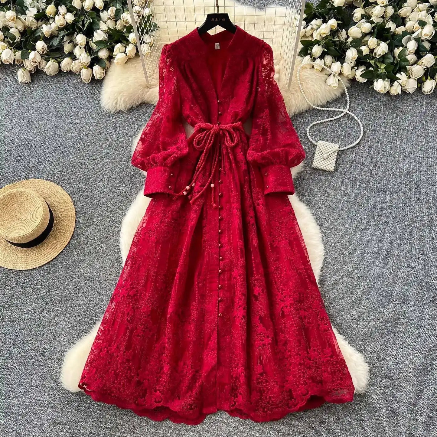 Luxury Embroidery Formal Dresses Women Summer Autumn Lantern Long Sleeve Lace Vestidos Pearl Prom Evening Birthday Dress Party