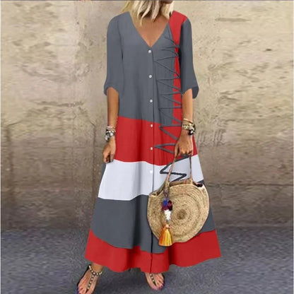 Women's Summer Color Block Patchwork Printed Dress V-neck Short Sleeved Fashion Dress Button Women's Casual Loose Long Dress