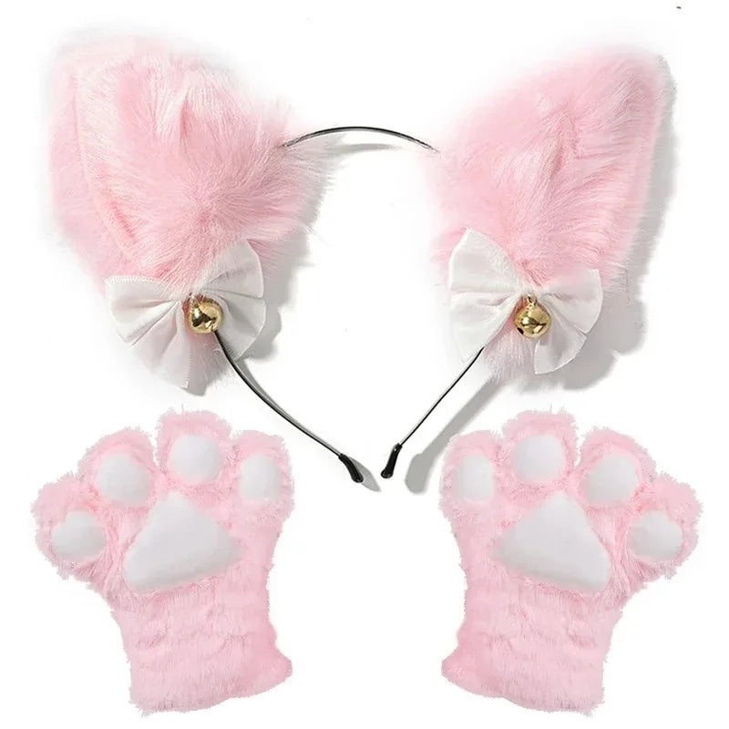 1 Set Cute Cat Ear Hair Wear Claw Gloves Girls Anime Cosplay Costume Plush Bell Cat Fur Ear Hairband Night Party Club Headbands
