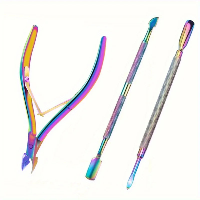 Nail Cuticle Pusher Tweezer Rainbow Cutter Nipper Clipper Dead Skin Remover Stainless Steel Manicure Nails Art Tool ManicureTool